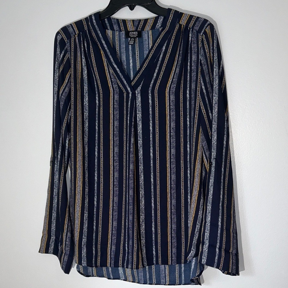 Jones New York Navy and Gold Striped Blouse L Roll Tab Sleeves Lightweight